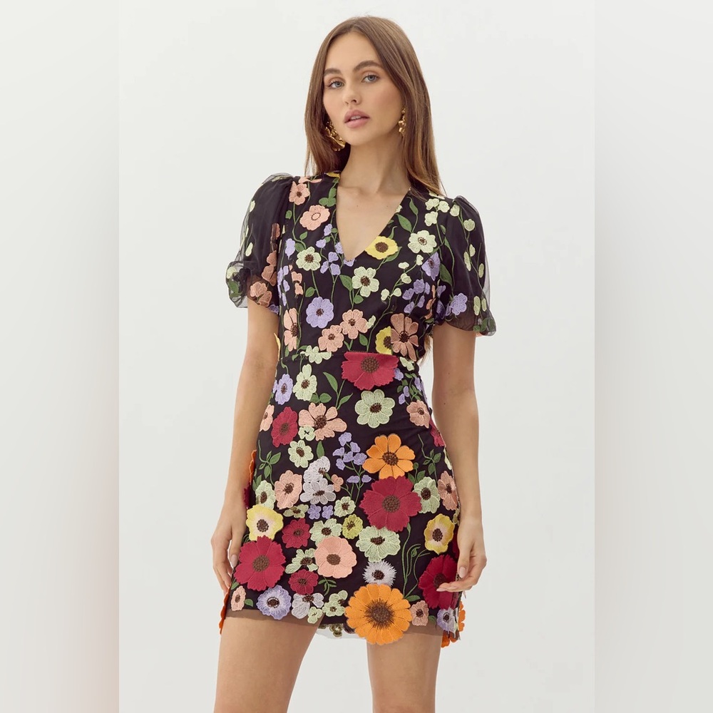 Adelyn Rae 3D Floral Embroidered Mesh V-Neck Short Sleeve Mini‎ Dress Sz small